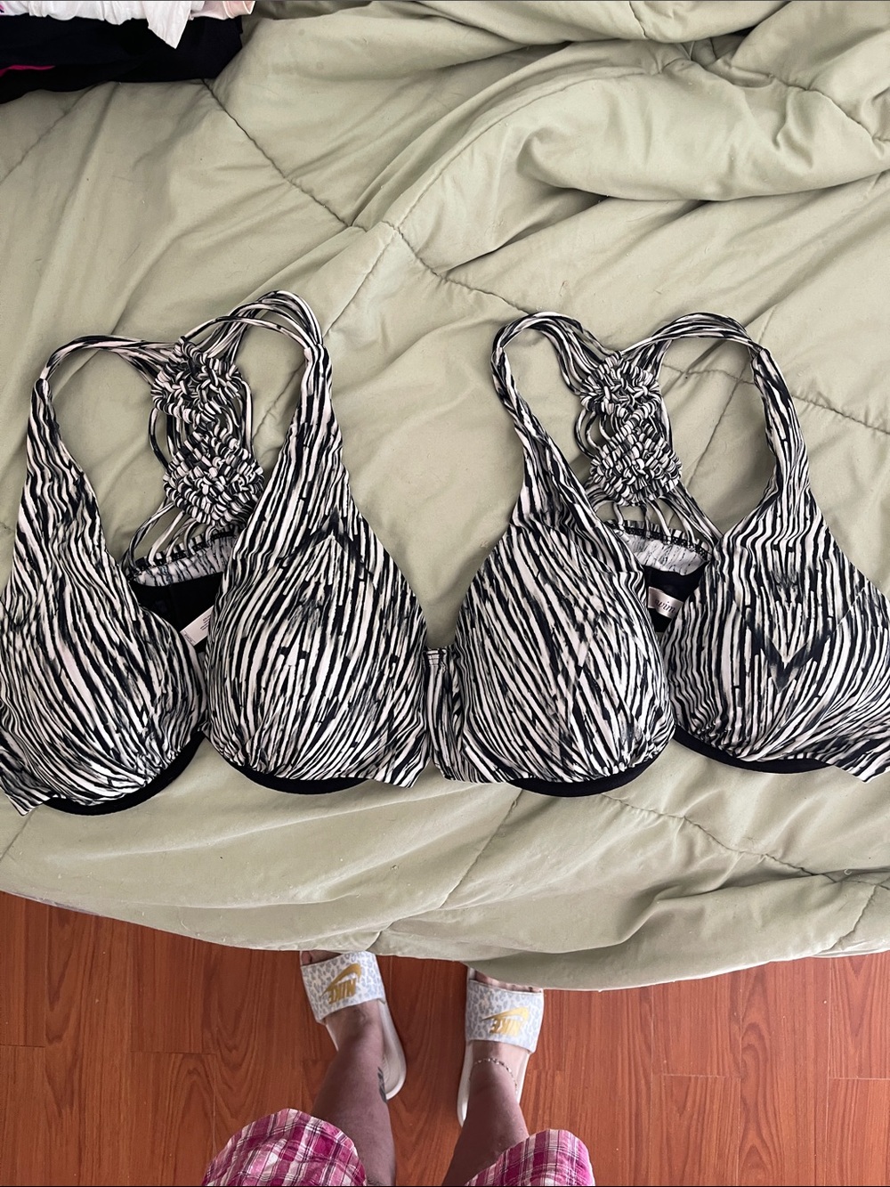 Black & White Zebra-Stripe Padded swim topwith Macrame Back